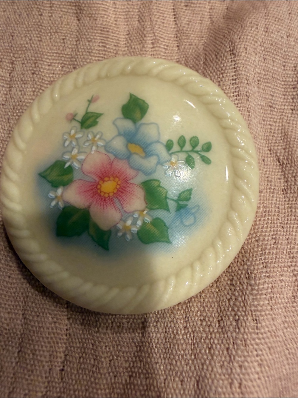 Avon Floral Porcelain Brooch Tri- Cream with Pink & Blue Flowers